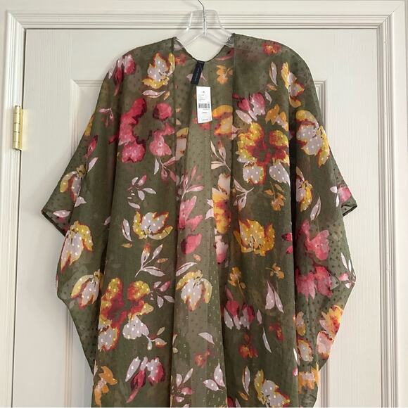 Lane Bryant Long Floral Duster Kimono Swiss Dot Green Pink Oversized Open Front - Picture 9 of 11